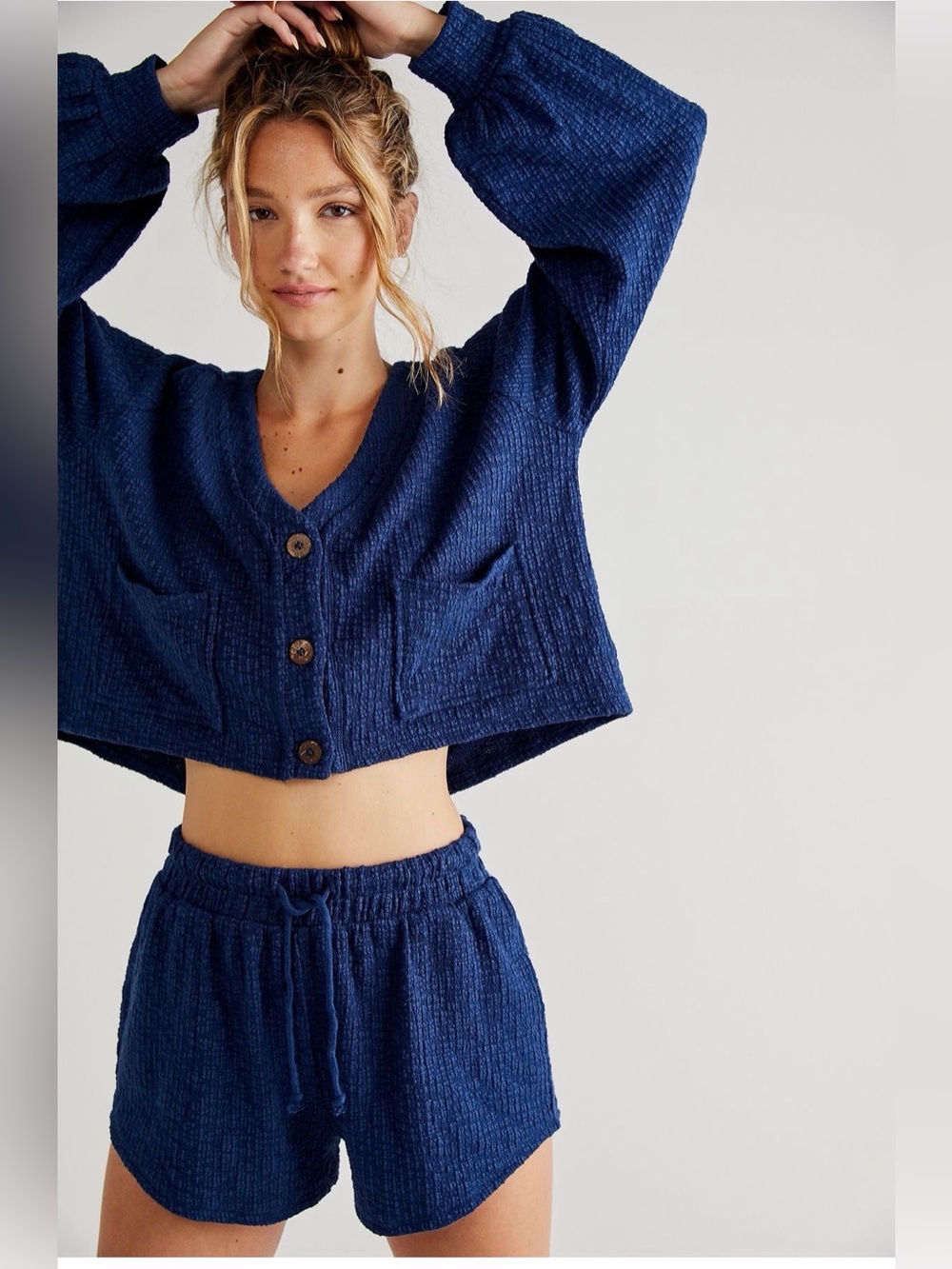 Free People Cropped Chunky Knit Cardigan Short Set Beach Oasis in Midnight Blue